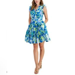 Taylor Blue and Green Floral Mini Dress, Small